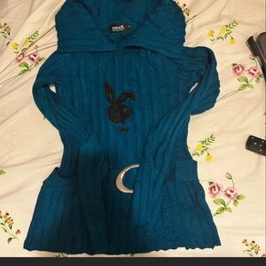 Nexit Collection Blue Sweater Dress/Top With Belt And Playboy Bunny Design. M
